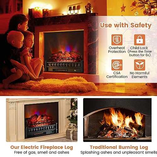 COSTWAY 26-inch Eternal Flame Electric Fireplace Log, 1500W Fireplace Insert with Remote Control, Realistic Lemonwood Ember Bed, 8H Timer, 5 Flame Modes, Fireplace Log Heater for Home Decor, Black