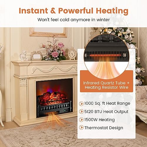 COSTWAY 26-inch Eternal Flame Electric Fireplace Log, 1500W Fireplace Insert with Remote Control, Realistic Lemonwood Ember Bed, 8H Timer, 5 Flame Modes, Fireplace Log Heater for Home Decor, Black