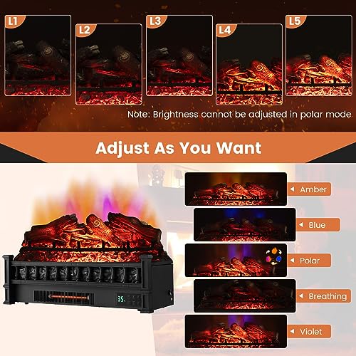 COSTWAY 26-inch Eternal Flame Electric Fireplace Log, 1500W Fireplace Insert with Remote Control, Realistic Lemonwood Ember Bed, 8H Timer, 5 Flame Modes, Fireplace Log Heater for Home Decor, Black