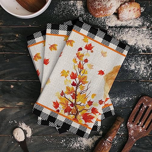 Yun Nist Kitchen Dish Towels,Golden Retriever Fall Orange Leaves Soft Microfiber Dish Cloths Reusable Hand Towels,Thanksgiving Dog Plaid Washable Tea Towel for Dishes Counters 1 Pack