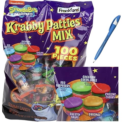 HALLOWEEN GUMMY CANDY FRANKFORD |Nickelodeon SpongeBob Squarepants Krabby Patty Gummy Candy, Individually Wrapped Patties Mix (100 Pieces) | Sameday Shipppers Offers Free Pen