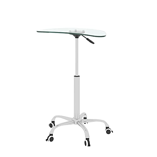 AMNOOL Glass Desk with Lockable Wheels Roller Desk with Stainless Steel Legs Height Adjustable Glass Desk Suitable for Computer Desk, Bedroom, Balcony, Classroom, Lecture Hall