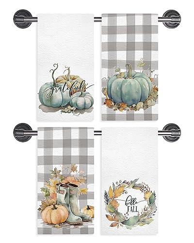 GAGEC Fall Kitchen Towels Watercolor Pumpkin Floral Fall Dish Towels Set of 4, Autumn Holiday Tea Towel 18 x 26 Inch Hand Drying Cloth Towel for Kitchen Home Decoration