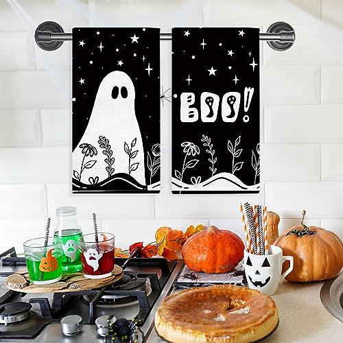 Halloween Kitchen Towels Halloween Ghost Floral Halloween Dish Towels Set of 2, Spooky Holiday Hand Towel 18x26 Inch Drying Cloth Towel for Kitchen Home Decoration