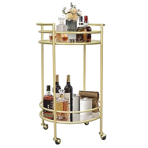 GIFTTROVE Gold Bar Cart for Home, 2 Tier Bar Serving Cart, Round Rolling Bar Cart with 2 Mirrored Shelves, Wine Cart Stand for Kitchen, Living Room