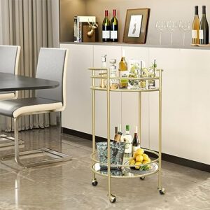 GIFTTROVE Gold Bar Cart for Home, 2 Tier Bar Serving Cart, Round Rolling Bar Cart with 2 Mirrored Shelves, Wine Cart Stand for Kitchen, Living Room