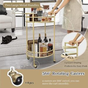 GIFTTROVE Gold Bar Cart for Home, 2 Tier Bar Serving Cart, Round Rolling Bar Cart with 2 Mirrored Shelves, Wine Cart Stand for Kitchen, Living Room