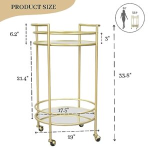 GIFTTROVE Gold Bar Cart for Home, 2 Tier Bar Serving Cart, Round Rolling Bar Cart with 2 Mirrored Shelves, Wine Cart Stand for Kitchen, Living Room