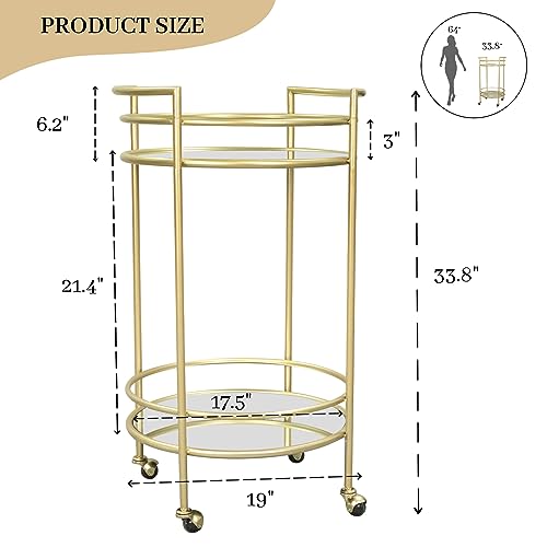 GIFTTROVE Gold Bar Cart for Home, 2 Tier Bar Serving Cart, Round Rolling Bar Cart with 2 Mirrored Shelves, Wine Cart Stand for Kitchen, Living Room