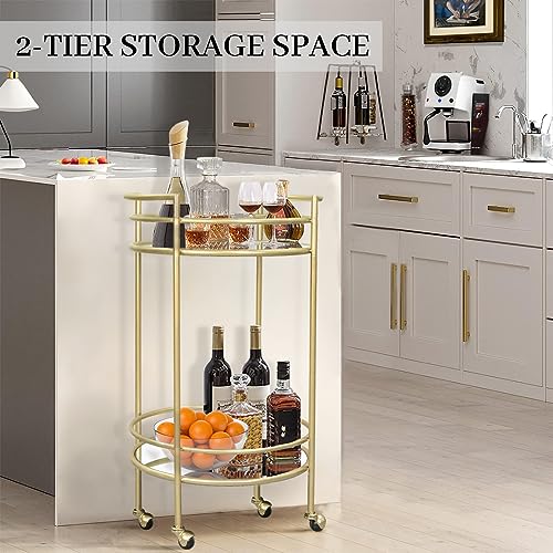 GIFTTROVE Gold Bar Cart for Home, 2 Tier Bar Serving Cart, Round Rolling Bar Cart with 2 Mirrored Shelves, Wine Cart Stand for Kitchen, Living Room