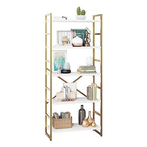 Shintenchi 5 Tiers Bookshelf, Classically Tall Bookcase Shelf, Industrial Book Rack, Modern Book Holder in Bedroom/Living Room/Home/Office, Storage Rack Shelves for Books/Movies,Gold