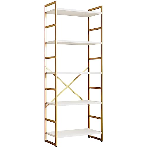 Shintenchi 5 Tiers Bookshelf, Classically Tall Bookcase Shelf, Industrial Book Rack, Modern Book Holder in Bedroom/Living Room/Home/Office, Storage Rack Shelves for Books/Movies,Gold