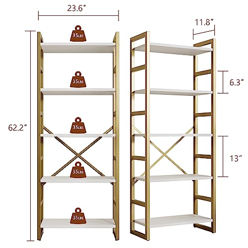 Shintenchi 5 Tiers Bookshelf, Classically Tall Bookcase Shelf, Industrial Book Rack, Modern Book Holder in Bedroom/Living Room/Home/Office, Storage Rack Shelves for Books/Movies,Gold
