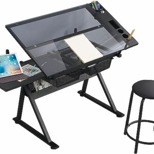 Drafting Printing Table with Chair & Storage Drawer,Tempered Glass Professhional, Adjustable Extended & Storage Cabinet, for Office School, Black