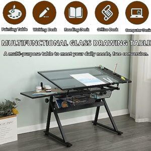 Drafting Printing Table with Chair & Storage Drawer,Tempered Glass Professhional, Adjustable Extended & Storage Cabinet, for Office School, Black