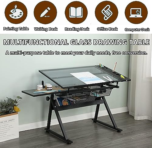 Drafting Printing Table with Chair & Storage Drawer,Tempered Glass Professhional, Adjustable Extended & Storage Cabinet, for Office School, Black