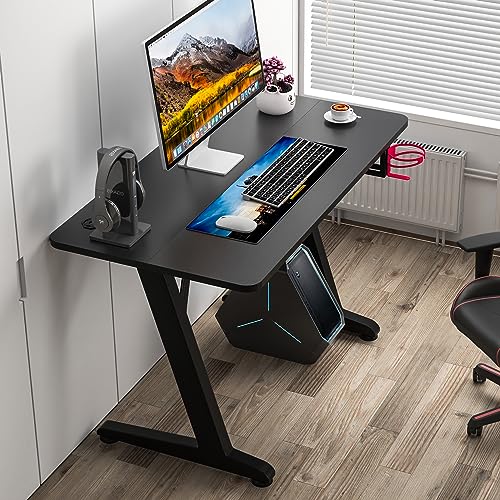 Lifetime Home 44 Inch Wide Ergonomic Computer PC Z Shaped Gaming Desk - Carbon Fiber Surface, Water Bottle & Drinks Holder and Wire Management Cord Cover for Bedroom, Office, Living Room, Workstation