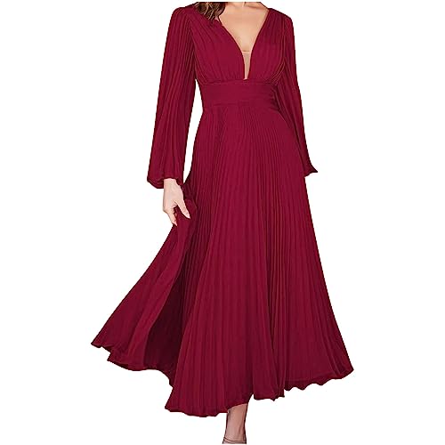 Work Dresses for Women Women's Deep V Neck Pleated Flowy Maxi Dress Long Sleeve Photoshoot Elegant High Waist Sexy Dresses Most Popular Dresses On Amazon Womens Cocktail Dresses for Wedding Guest