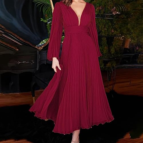 Work Dresses for Women Women's Deep V Neck Pleated Flowy Maxi Dress Long Sleeve Photoshoot Elegant High Waist Sexy Dresses Most Popular Dresses On Amazon Womens Cocktail Dresses for Wedding Guest