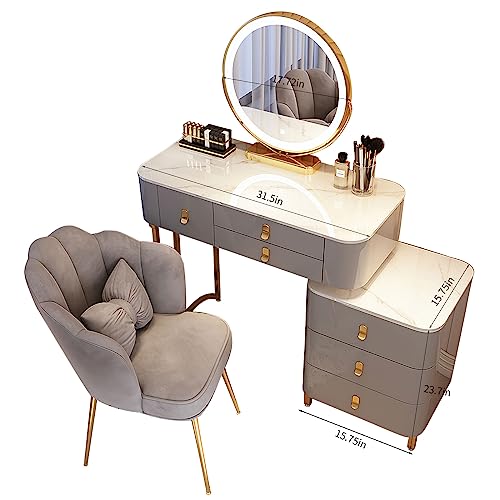 Vanity Desk with Mirror and Lights, Vanity Table with 6 Drawers,Chair,Cabinets,Vanity Mirror with 3-Color Lighted, Modern Dressing Table for Women Girls for Bedroom