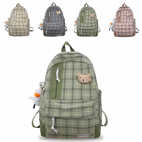 CLOUDEMO 2023 New Kawaii Backpack with Cute Accessories Aesthetic Plaid Daypack 17 Inch Laptop Backpack Pastel Outdoor Travel Bag (Green)