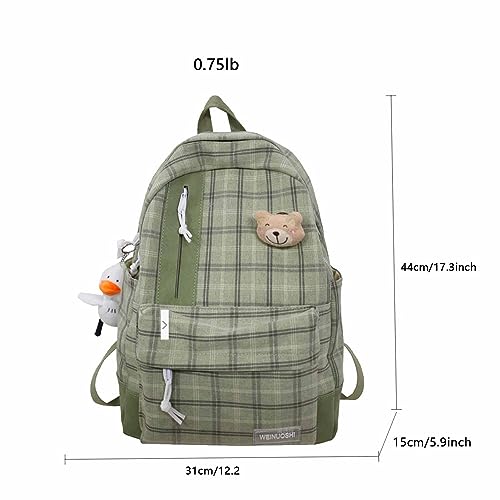 CLOUDEMO 2023 New Kawaii Backpack with Cute Accessories Aesthetic Plaid Daypack 17 Inch Laptop Backpack Pastel Outdoor Travel Bag (Green)