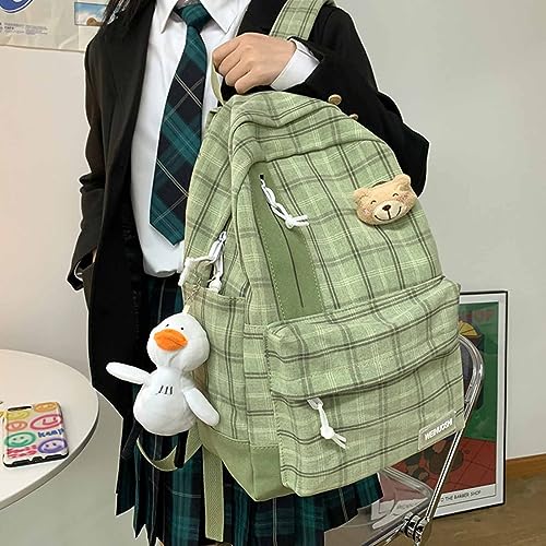 CLOUDEMO 2023 New Kawaii Backpack with Cute Accessories Aesthetic Plaid Daypack 17 Inch Laptop Backpack Pastel Outdoor Travel Bag (Green)