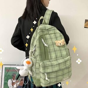 CLOUDEMO 2023 New Kawaii Backpack with Cute Accessories Aesthetic Plaid Daypack 17 Inch Laptop Backpack Pastel Outdoor Travel Bag (Green)