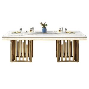 LAKIQ Luxury Style Marble Dining Table Modern Rectangle Kitchen Dining Room Table Gold Metal Pedestal Table-Table Only-Without Chairs (White,63" L x 35.4" W x 29.5" H)