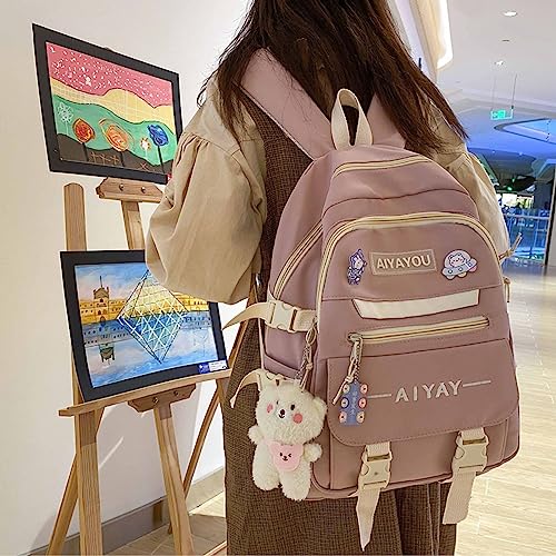 MIFJNF Cute Backpack Kawaii Backpack for School Aesthetic Backpack Kawaii School Supplies Cute Backpacks with Accessories (Pink)