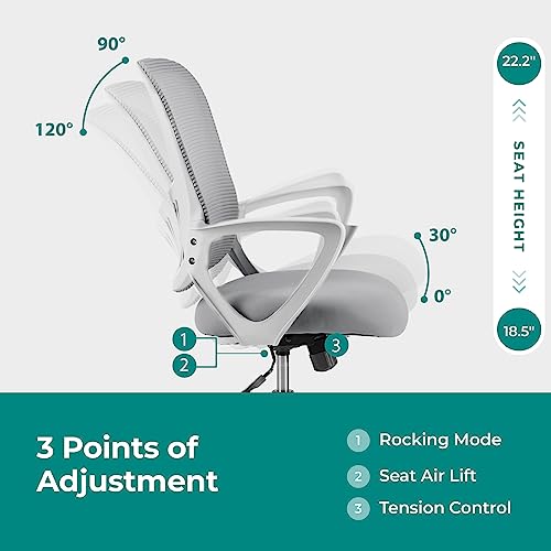 SMUG Ergonomic Chair Computer Gaming with Arms, Home Office Desk with Wheels, Mid-Back Task Rolling with Lumbar Support, Comfy Mesh Swivel Executive, 18.5" D x 20.08" W x 41.5" H, Grey