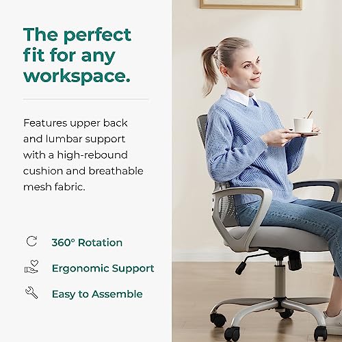 SMUG Ergonomic Chair Computer Gaming with Arms, Home Office Desk with Wheels, Mid-Back Task Rolling with Lumbar Support, Comfy Mesh Swivel Executive, 18.5" D x 20.08" W x 41.5" H, Grey