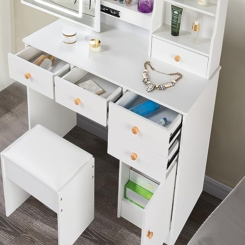 JBLCC Makeup Vanity with Lights Mirror, Large Makeup Table Set Vanity Mirror with Lights, Vanity Desk with Storage Shelves, Drawers, Modern Vanity Table for Bedroom White (3078LED)