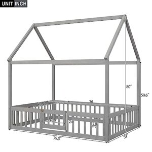 Eafurn Full Size House Bed with Fence Railings and Small Door, Solid Wooden Floor Platform Bed with Roof Design, Playhouse Bed Frame Easy Assemble for Kids, Teens, Girls, Boys