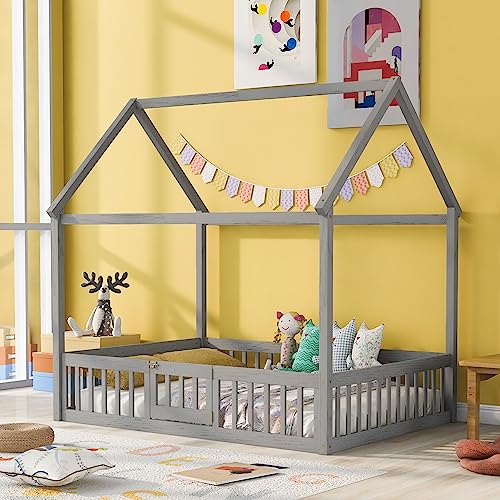 Eafurn Full Size House Bed with Fence Railings and Small Door, Solid Wooden Floor Platform Bed with Roof Design, Playhouse Bed Frame Easy Assemble for Kids, Teens, Girls, Boys