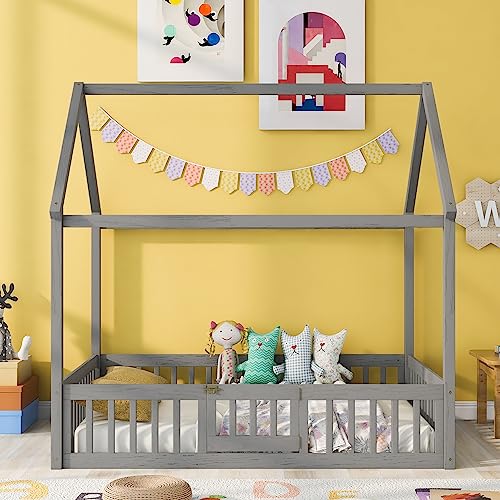 Eafurn Full Size House Bed with Fence Railings and Small Door, Solid Wooden Floor Platform Bed with Roof Design, Playhouse Bed Frame Easy Assemble for Kids, Teens, Girls, Boys