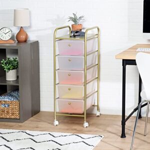 5-drawer rolling storage cart with plastic drawers, gold