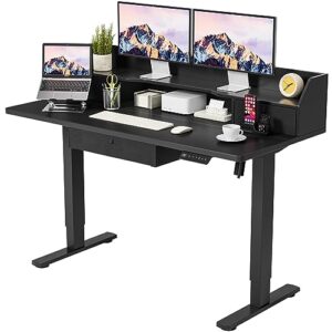 homall electric standing desk with triple drawers, adjustable height stand up desk, 55 x 24 inch table with storage shelf, sit stand home office desk with splice board (black)