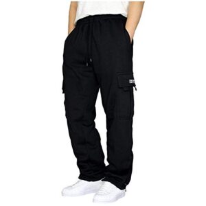 men's heavyweight fleece cargo sweatpants stretch elastic waist jogger sport pants drawstring sports trousers mens sweats black