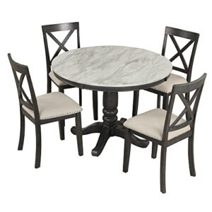 GODAFA 5-Piece Dining Set Top Round Table and X Back Wood Chairs for Kitchen (Seats 4), Marble Gray