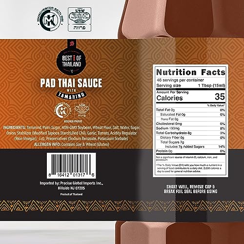 Best Of Thailand Authentic Pad Thai Sauce - Rich Tamarind Flavor, Tangy, Sweet, Savory | Ideal for Noodles, Stir-Fries [NO MSG] | Kosher, Fat-Free | 2-Pack 23.65 Fl Oz