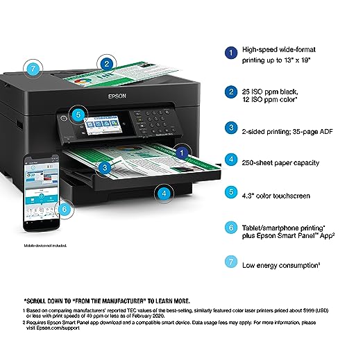 Epson Workforce Pro WF-7820 Wireless All-in-One Wide-Format Printer with Auto 2-Sided Print up to 13" x 19", Copy, Scan and Fax, 50-Page ADF, 250-sheet Paper Capacity, and 4.3" Touchscreen (Renewed)
