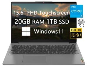 lenovo 15 fhd touchscreen laptop, 2023 newest upgrade, intel 11th core i5-1135g7, 20gb ram, 1tb ssd, bluetooth, usb-c, fast charge, windows 11, school and business ready, grey, lioneye hdmi cable