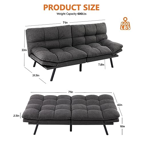 Sweetcrispy Futon Sofa Bed - Sleeper Convertible Futon Couch, Memory Foam Couch Convertible Loveseat for Living Room, Lien, Grey