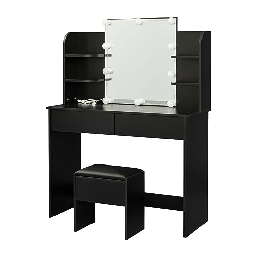 DUNTRKDU Modern Large Vanity Table Set with Lighted Mirror& 10 Lights Bulbs, Makeup Table with 2 Drawers & Cushioned Stool, Storage Shelves, Dressing Table for Bedroom