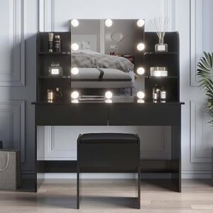 duntrkdu modern large vanity table set with lighted mirror& 10 lights bulbs, makeup table with 2 drawers & cushioned stool, storage shelves, dressing table for bedroom