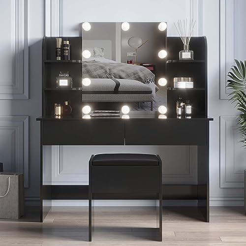 DUNTRKDU Modern Large Vanity Table Set with Lighted Mirror& 10 Lights Bulbs, Makeup Table with 2 Drawers & Cushioned Stool, Storage Shelves, Dressing Table for Bedroom