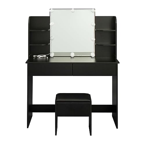 DUNTRKDU Modern Large Vanity Table Set with Lighted Mirror& 10 Lights Bulbs, Makeup Table with 2 Drawers & Cushioned Stool, Storage Shelves, Dressing Table for Bedroom