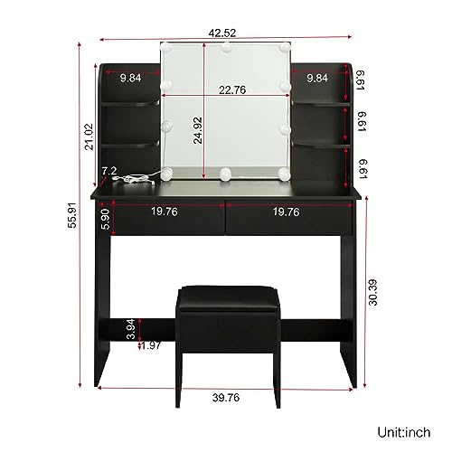 DUNTRKDU Modern Large Vanity Table Set with Lighted Mirror& 10 Lights Bulbs, Makeup Table with 2 Drawers & Cushioned Stool, Storage Shelves, Dressing Table for Bedroom