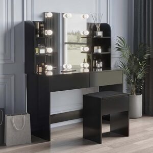 DUNTRKDU Modern Large Vanity Table Set with Lighted Mirror& 10 Lights Bulbs, Makeup Table with 2 Drawers & Cushioned Stool, Storage Shelves, Dressing Table for Bedroom
